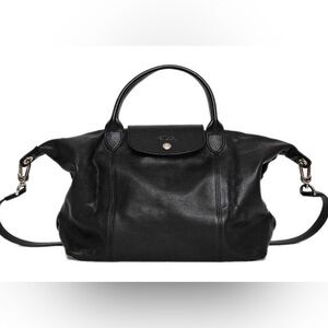 Longchamp Le Pliage Cuir Leather Top Handle Tote Black Crossbody Medium